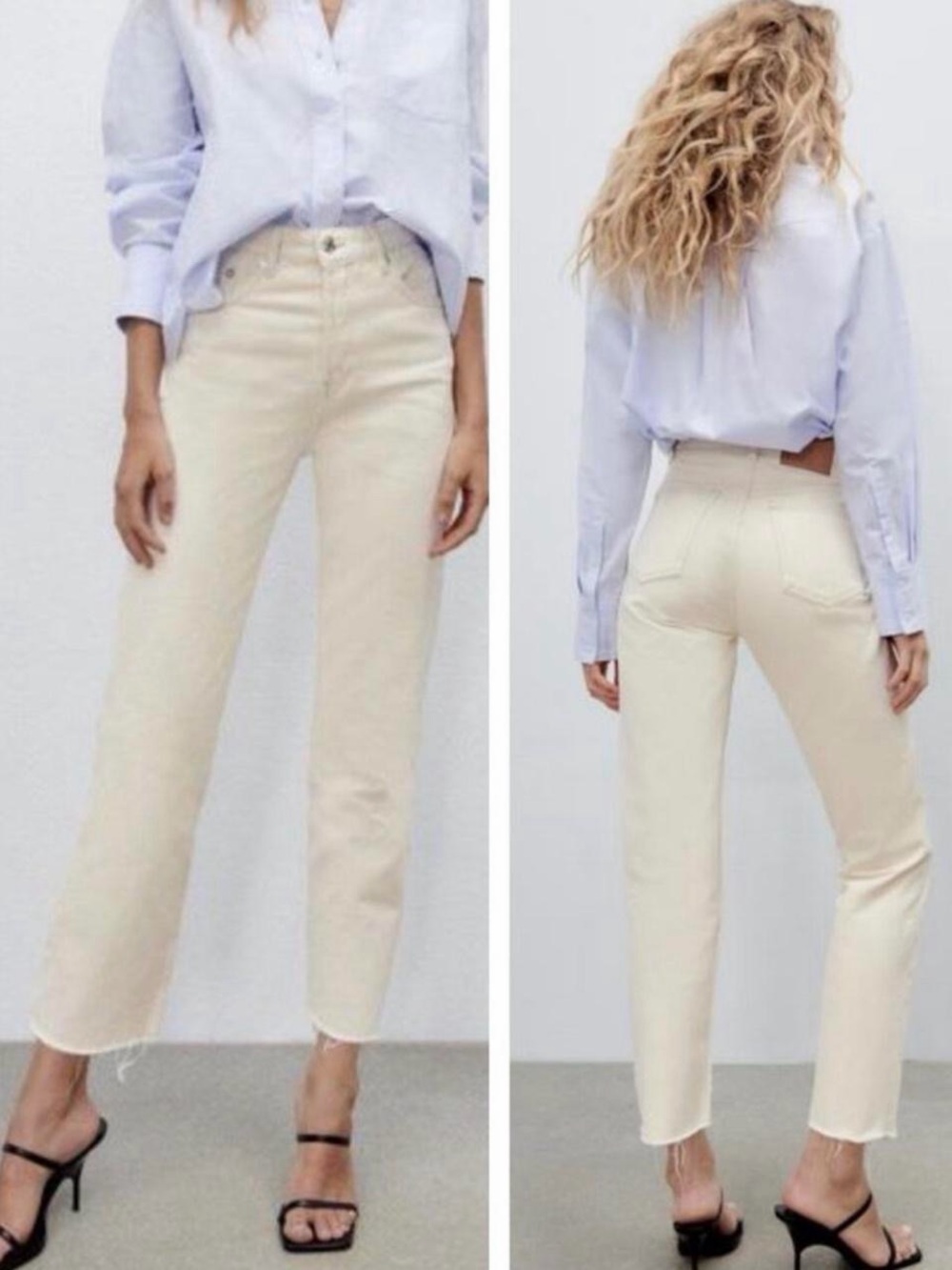 ZARA Ecru Off White High Rise Straight Raw Hem Cut Off Jeans Sz 2